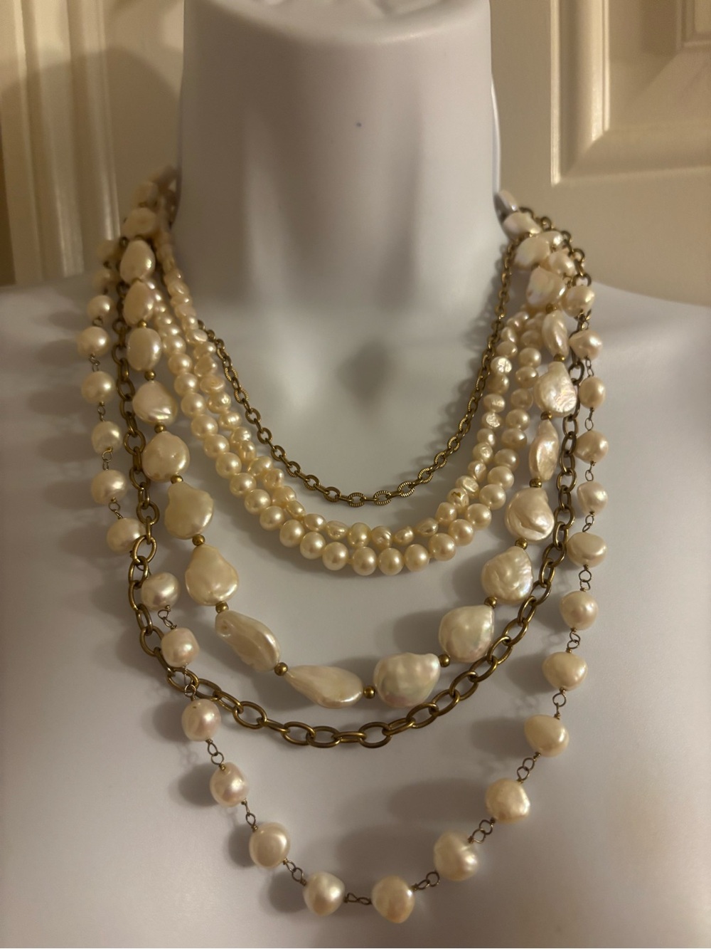 Faux Pearl Burnished Gold Multistrand Necklace